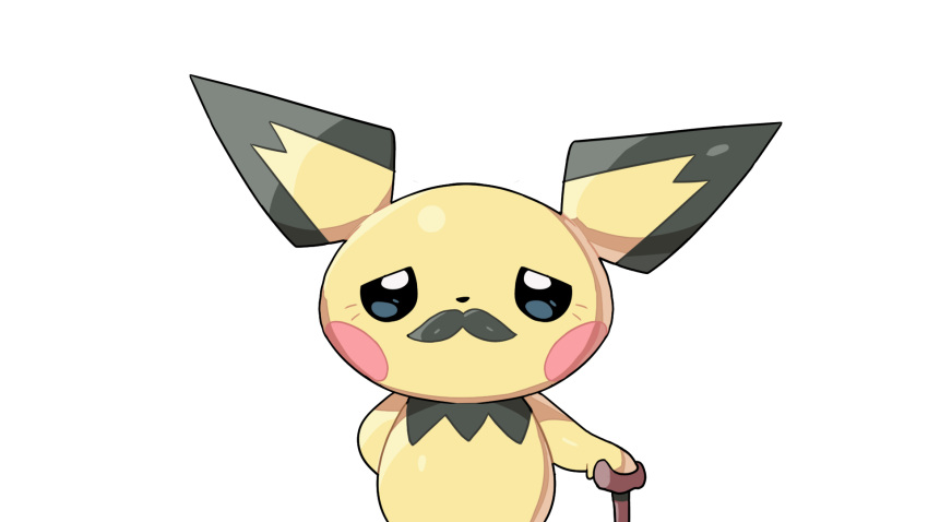 animal_focus arm_behind_back black_eyes cane closed_mouth commentary drunkoak english_commentary facial_hair half-closed_eyes highres looking_at_viewer mustache no_humans old pichu pokemon pokemon_(creature) solo standing straight-on transparent_background upper_body wrinkled_skin