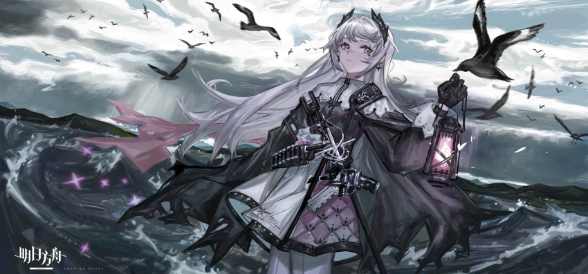 1girl :| absurdres ammunition_belt arknights bird black_bird black_cape black_gloves black_shirt cape capelet closed_mouth clouds cloudy_sky commentary copyright_name cowboy_shot earrings expressionless gloves grey_hair greyscale gun hand_up handgun highres holding holding_lantern irene_(arknights) jewelry lantern long_hair looking_at_animal monochrome mountainous_horizon ocean outdoors pink_ribbon pink_skirt rapier ribbon scar scar_across_eye shirt shuimo skirt sky sleeve_cuffs solo sword two-tone_skirt very_long_hair wading waves weapon white_capelet white_skirt