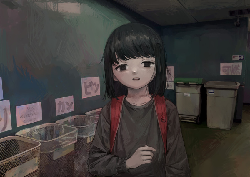 1girl backpack bag bangs black_eyes black_hair bob_cut child female_child grey_sweater highres indoors long_sleeves looking_at_viewer medium_hair namuta original parted_lips randoseru red_bag sign solo standing straight-on sweater trash_can upper_body