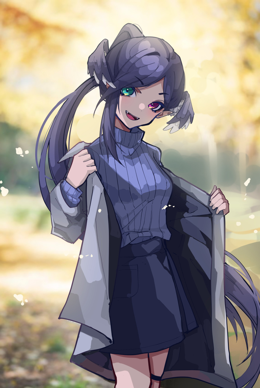 1girl absurdres ahoge alternate_costume blue_eyes blue_skirt blurry blurry_background blush braid coat dragon_girl eyes_visible_through_hair grey_coat hair_ornament hairclip head_wings heterochromia highres long_hair long_sleeves looking_at_viewer mentally_deficient nijisanji nijisanji_en pointy_ears purple_hair purple_sweater purple_wings selen_tatsuki shirt_tucked_in skirt smile solo sweater thigh_strap turtleneck turtleneck_sweater twin_braids very_long_hair violet_eyes virtual_youtuber wings