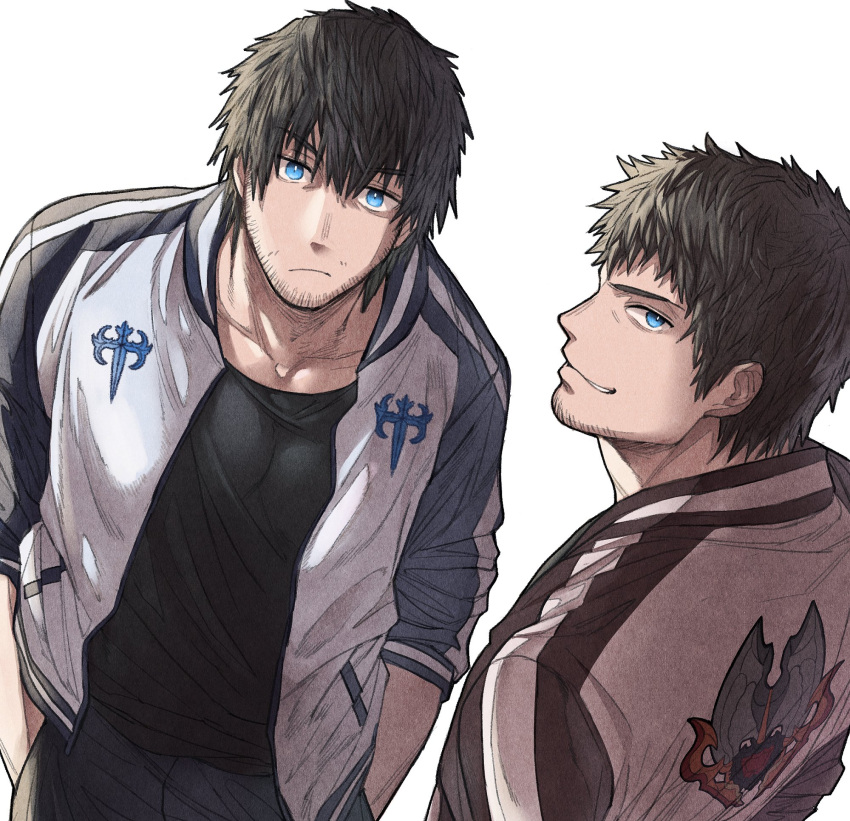 2boys adventurer_(ff14) ardbert_(ff14) bangs black_hair black_jacket black_shirt blue_eyes closed_mouth facial_hair final_fantasy final_fantasy_xiv hands_in_pockets highres hyur jacket looking_at_viewer male_focus multicolored_clothes multicolored_jacket multiple_boys open_clothes open_jacket shirt short_hair simple_background smile stubble two-tone_jacket white_background white_jacket zanki