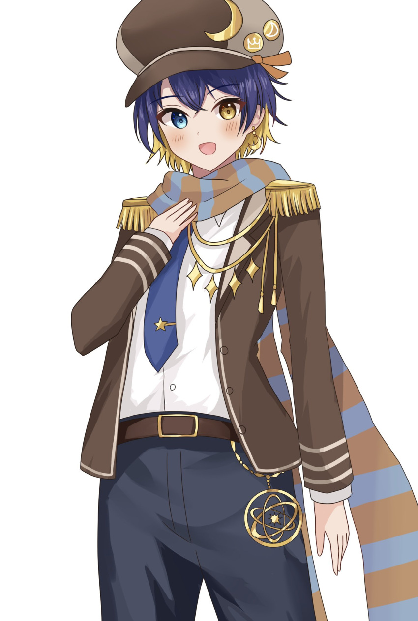 1boy androgynous blonde_hair blue_eyes blue_hair blush brown_coat coat cozopro hat heterochromia highres hoshiwatari_yumaru iriam long_sleeves male_focus multicolored_hair official_art onabe_no_shime open_mouth scarf short_hair solo virtual_youtuber white_background yellow_eyes