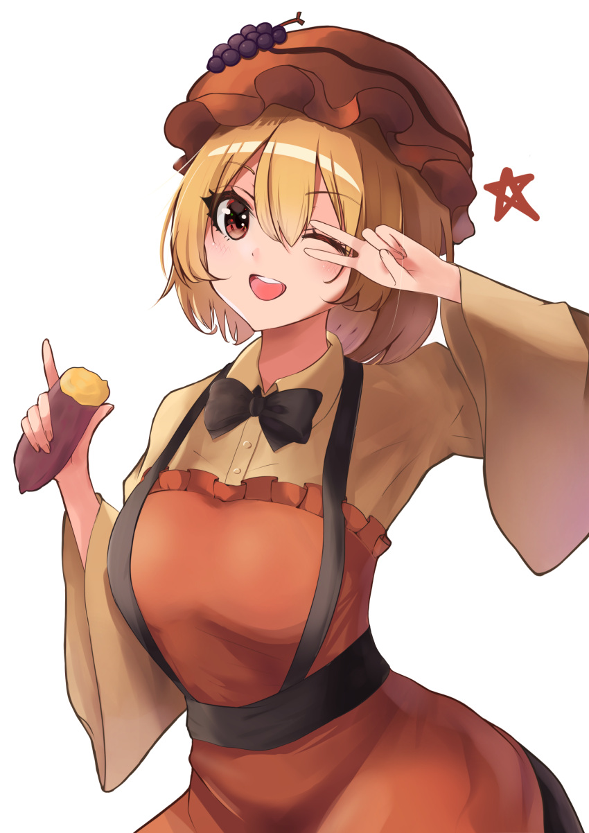 1girl ;d aki_minoriko apron bangs black_bow black_bowtie blonde_hair bow bowtie food fruit grapes hat highres holding holding_food looking_at_viewer mob_cap one_eye_closed open_mouth pentagram red_apron red_eyes red_headwear seina_akitani short_hair simple_background smile solo star_(symbol) suspenders sweet_potato touhou upper_body v white_background