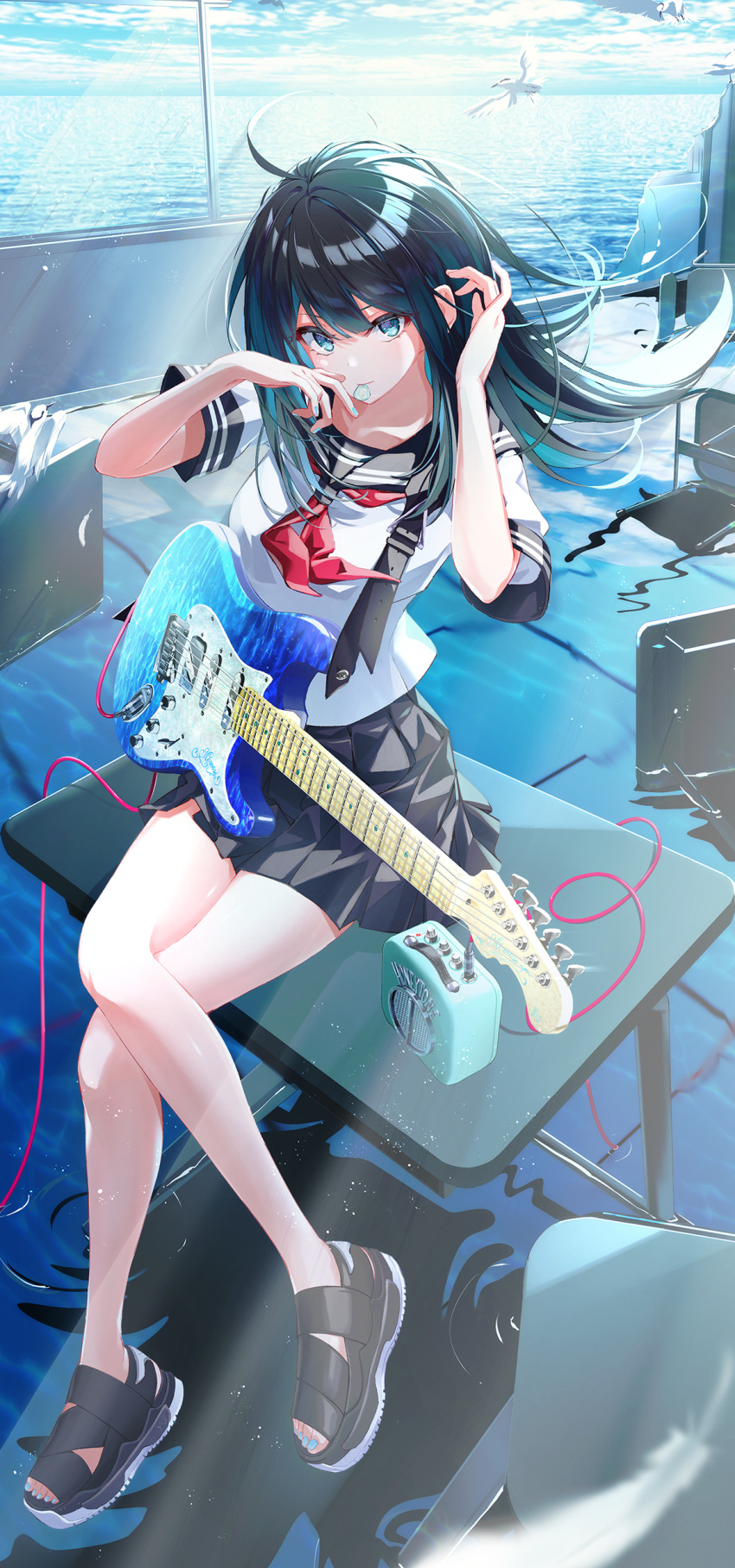 1girl absurdres ahoge amplifier black_footwear black_hair black_skirt blue_eyes blue_nails blue_sky chair crossed_legs desk dice_gt guitar hair_between_eyes highres indoors instrument long_hair looking_at_viewer ocean on_desk original plectrum plectrum_in_mouth sailor_collar sandals school_uniform serafuku short_sleeves sitting sitting_on_desk skirt sky solo toeless_footwear water