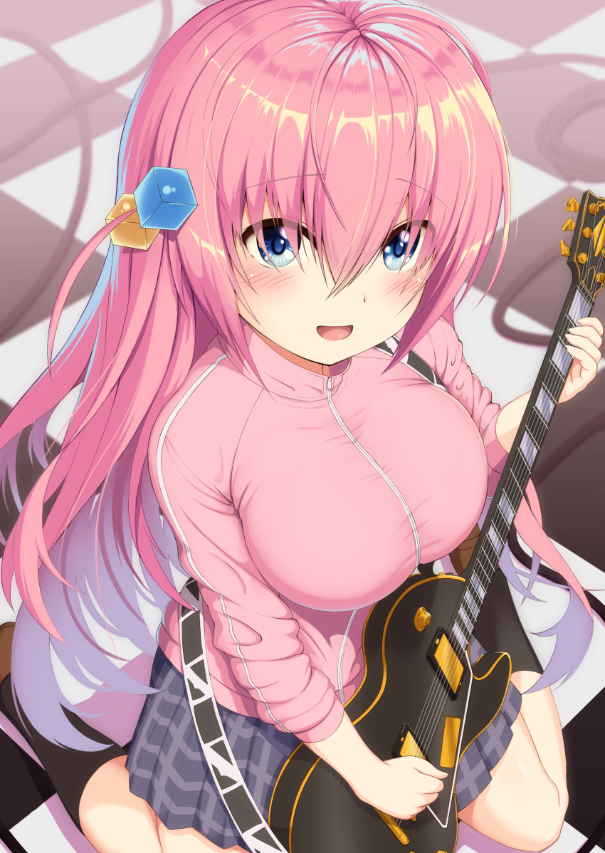 :d absurdres black_socks blue_eyes blush bocchi_the_rock! breasts commentary_request gotou_hitori guitar hair_between_eyes hair_ornament hatimiz highres holding holding_instrument impossible_clothes instrument jacket jersey large_breasts long_hair pink_hair skirt smile socks track_jacket track_suit zipper