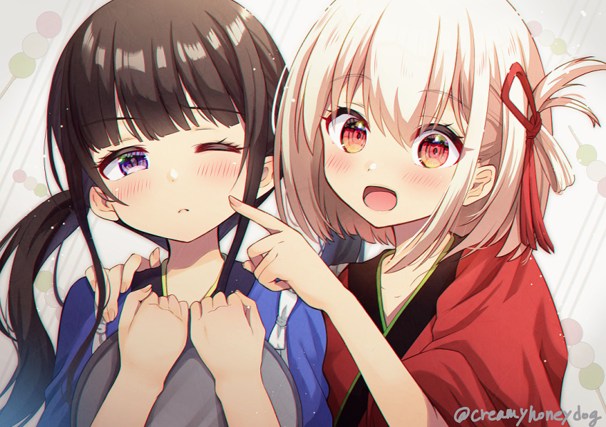 2girls :d bangs black_hair blonde_hair blue_kimono blunt_bangs blush cheek_poking chromatic_aberration commentary dango fingernails food food-themed_background gradient gradient_background grey_background hair_between_eyes hair_ribbon hand_on_another's_shoulder hands_up holding holding_tray inoue_takina japanese_clothes kimono light_particles long_hair looking_at_viewer low_twintails lycoris_recoil multiple_girls nishikigi_chisato one_eye_closed one_side_up open_mouth orange_eyes poking red_kimono red_ribbon ribbon sanshoku_dango shindoi_akio short_hair short_sleeves side-by-side smile tasuki tray twintails twitter_username upper_body violet_eyes wagashi