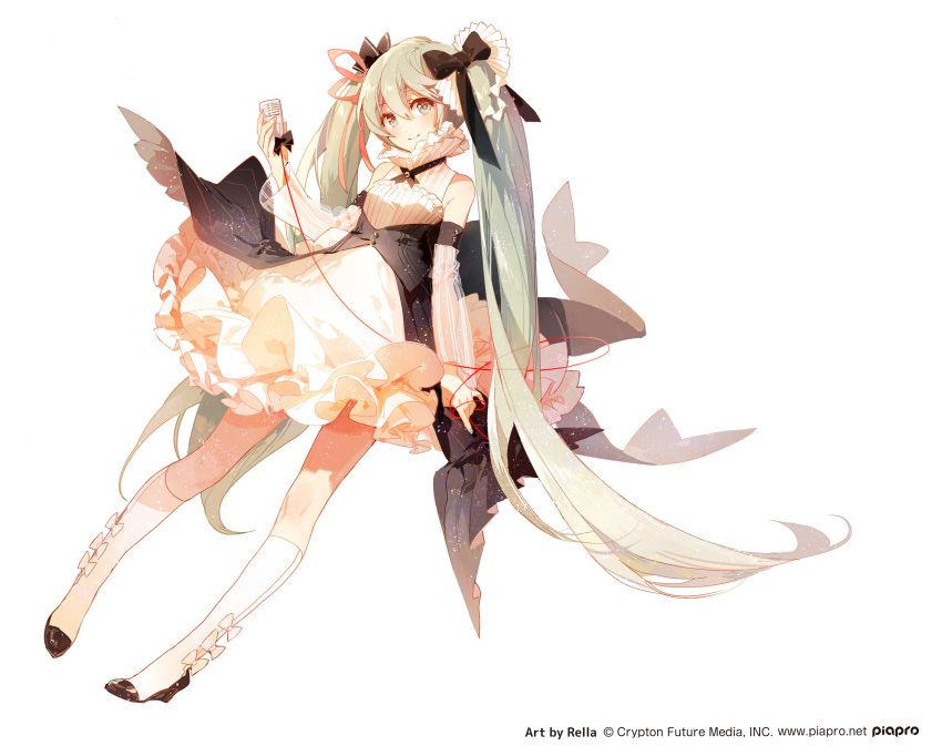 1girl absurdres artist_name back_bow black_bow black_footwear black_ribbon bow closed_mouth collared_dress company_name copyright copyright_name detached_sleeves dress english_text frilled_dress frills green_eyes green_hair hair_bow hatsune_miku highres holding holding_microphone kneehighs long_hair looking_at_viewer microphone official_art rella ribbon second-party_source see-through see-through_sleeves shoes simple_background sleeveless sleeveless_dress smile socks solo twintails very_long_hair vocaloid white_background white_bow white_dress white_socks