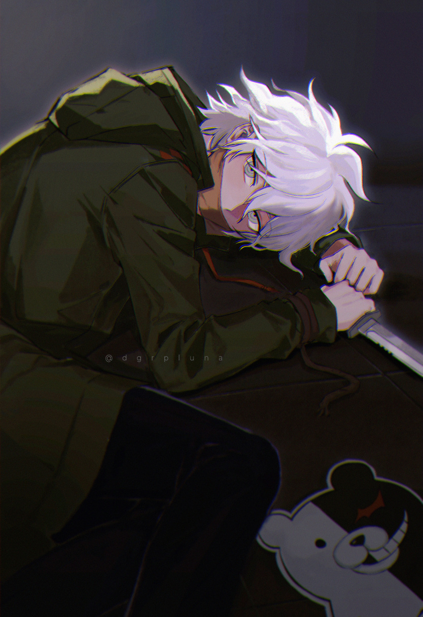 1boy bangs black_pants boleum_(dgrpluna) danganronpa_(series) danganronpa_2:_goodbye_despair feet_out_of_frame green_jacket grey_eyes grey_hair highres holding holding_knife hood hood_down jacket knife komaeda_nagito looking_at_viewer lying male_focus messy_hair monokuma on_side pants rope shiny shiny_hair short_hair solo