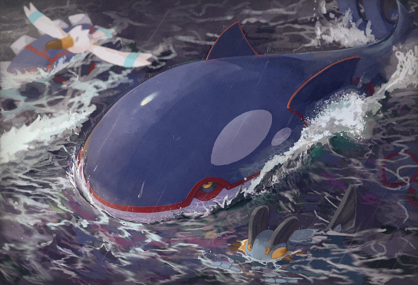 bird character_request commentary_request flying highres night no_humans ocean outdoors pokemon pokemon_(creature) rain swimming water whale