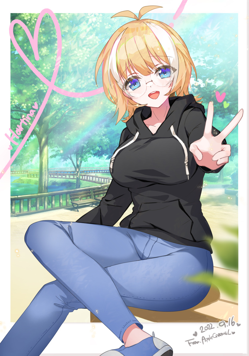 1girl :d absurdres antenna_hair apple_caramel black_hoodie blonde_hair blue_footwear blue_pants blush breasts collarbone commission crossed_legs dated denim drawstring feet_out_of_frame glass heart highres hood hood_down hoodie jeans large_breasts multicolored_hair original outstretched_arm pants pixiv_request round_eyewear shoes sitting smile solo streaked_hair teeth upper_teeth v white_hair