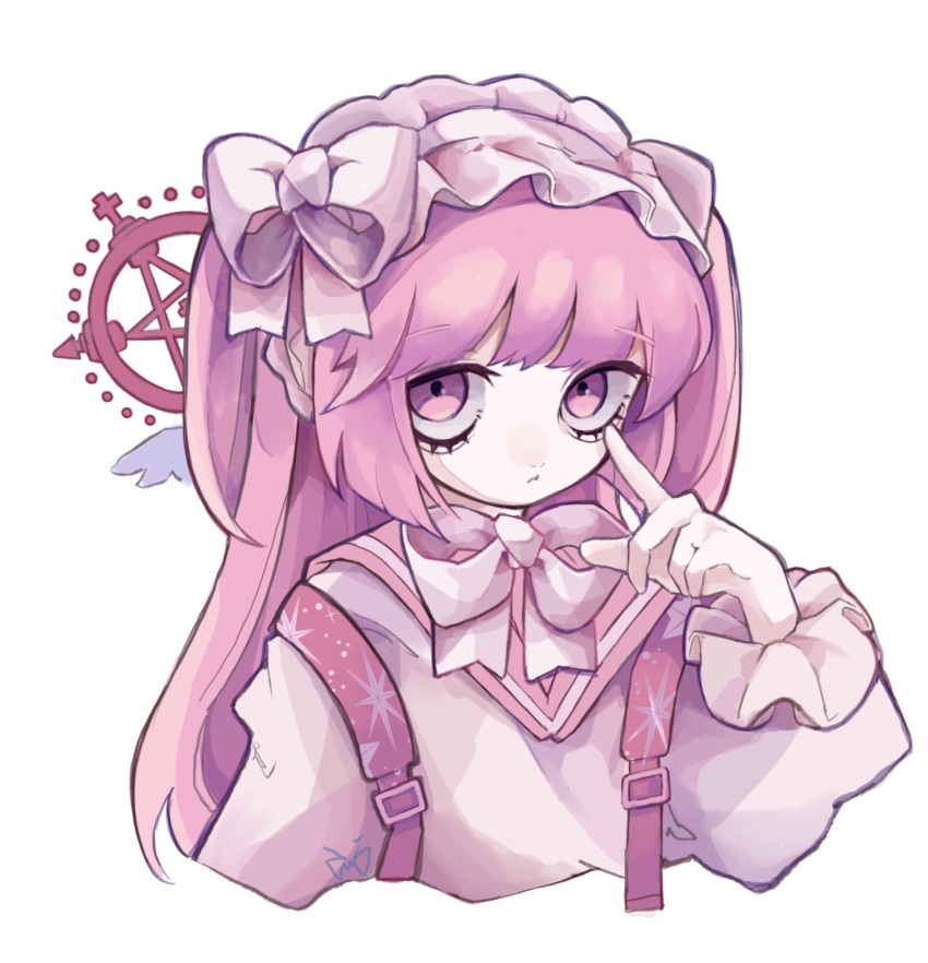 1girl backpack bag bangs bow bowtie closed_mouth commentary_request cropped_torso expressionless finger_to_eye grey_background hand_to_own_face hand_up headdress highres long_hair looking_at_viewer original pink_eyes pink_hair simple_background solo tira_27 white_bow white_bowtie