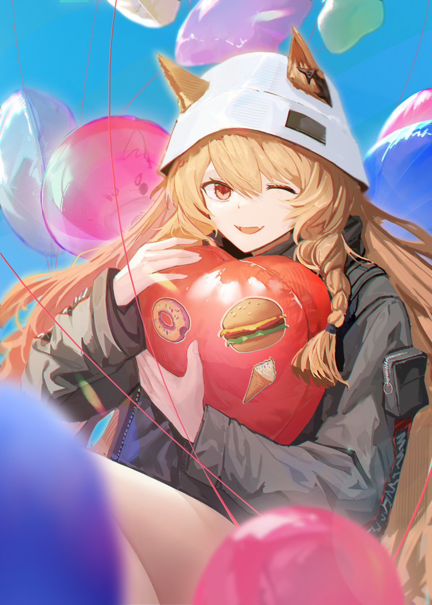 1girl ;d absurdres animal_ear_fluff animal_ears arknights balloon beifang_youyu blonde_hair blue_background braid bucket_hat burger ceobe_(arknights) ceobe_(unfettered)_(arknights) chinese_commentary commentary cowboy_shot dog_ears dog_girl doughnut ears_through_headwear fang fingernails food grey_jacket hair_between_eyes hat highres ice_cream jacket long_hair long_sleeves looking_at_viewer object_hug one_eye_closed open_clothes open_jacket open_mouth red_eyes single_braid skin_fang smile solo sticker white_headwear zipper zipper_pull_tab