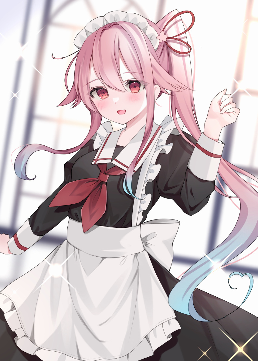 1girl absurdres alternate_costume apron black_dress blush dress enmaided gradient_hair hair_between_eyes harusame_(kancolle) highres kantai_collection long_hair long_sleeves maid maid_apron maid_headdress multicolored_hair open_mouth pink_hair red_eyes side_ponytail smile solo upper_body white_apron yoshino_(mfmfpng)