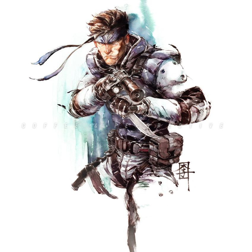 1boy bandana brown_hair english_commentary facial_hair gloves gun headband highres holding holding_gun holding_knife holding_weapon knife looking_at_viewer male_focus marcwashere metal_gear_(series) metal_gear_solid short_hair simple_background sneaking_suit solid_snake solo weapon