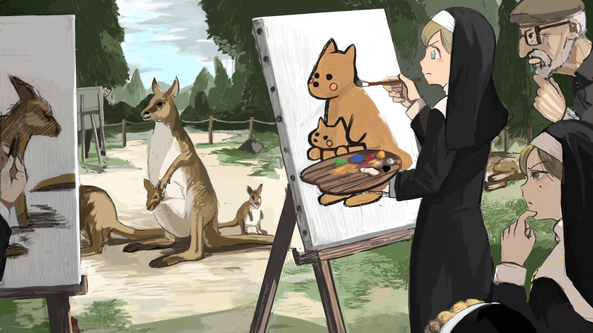 2boys 3girls absurdres animal blonde_hair blue_eyes blue_sky canvas_(object) child_drawing clumsy_nun_(diva) diva_(hyxpk) easel father_(diva) forest from_behind grumpy_nun_(diva) habit highres kangaroo little_nuns_(diva) mole mole_under_eye multiple_boys multiple_girls nature nun outdoors paintbrush painting_(action) painting_(object) palette_(object) revision sketching sky veil