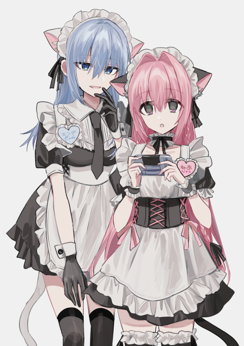 2girls :o alternate_costume animal_ear_fluff animal_ears apron bangs black_dress black_gloves black_necktie black_thighhighs blue_eyes blue_hair cat_ears cat_girl cat_tail character_name chihuri collarbone collared_shirt commentary_request dress enmaided frilled_apron frilled_thighhighs frills gloves grey_background hair_between_eyes highres holding kemonomimi_mode maid maid_apron maid_headdress multiple_girls necktie original parted_lips pink_hair puffy_short_sleeves puffy_sleeves shirt short_sleeves simple_background smile tail thigh-highs violet_eyes white_apron white_shirt wrist_cuffs