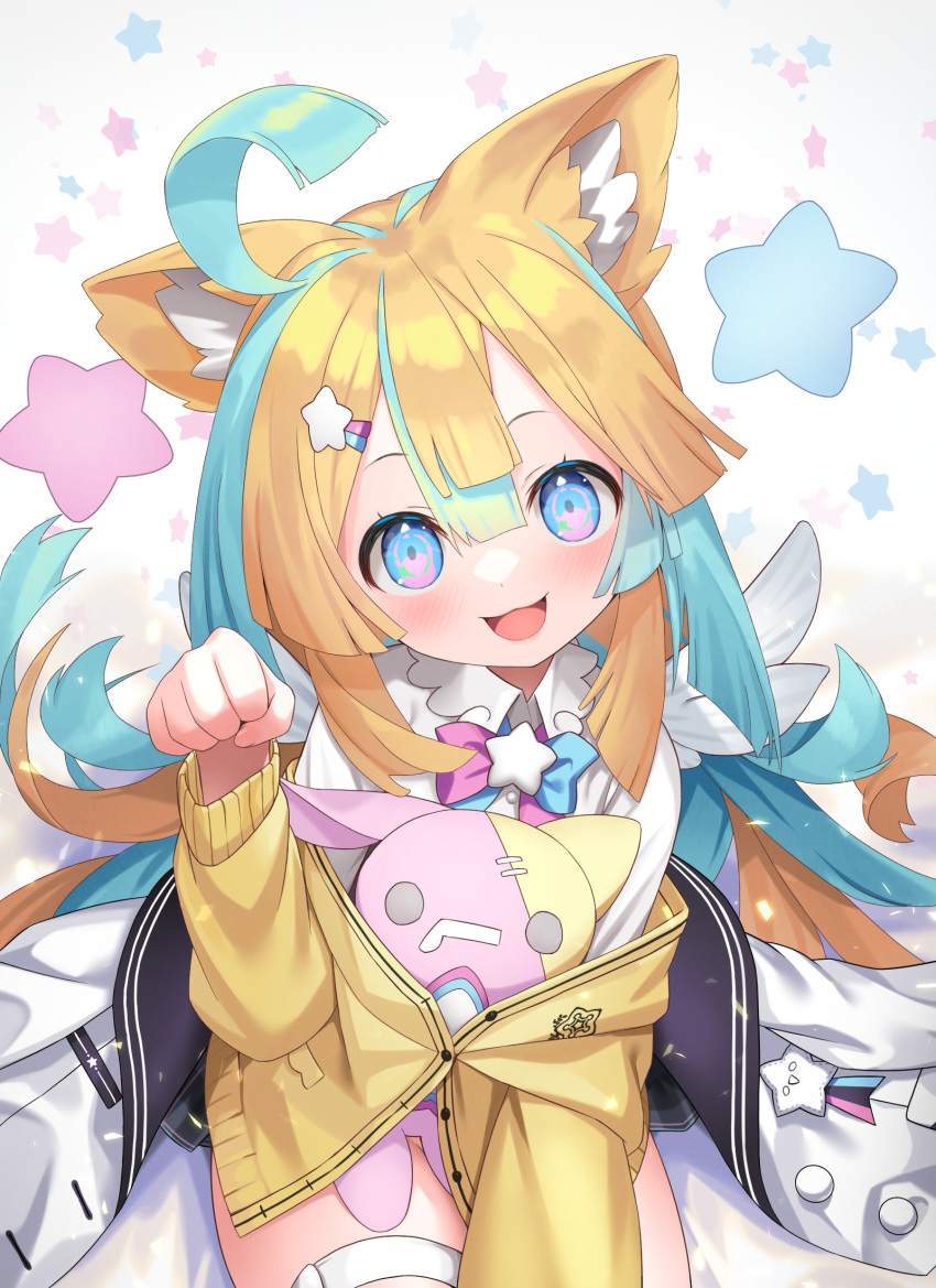 1girl :d amakawa_hano animal_ears aqua_hair bettle_(b_s_a_n) blonde_hair blue_eyes blush bow bowtie cat_ears collar hair_between_eyes hair_ornament hairclip heart heart-shaped_pupils highres jacket jacket_removed paw_pose re:act shooting_star_(symbol) smile solo star_(symbol) star_hair_ornament stuffed_toy symbol-shaped_pupils virtual_youtuber white_background