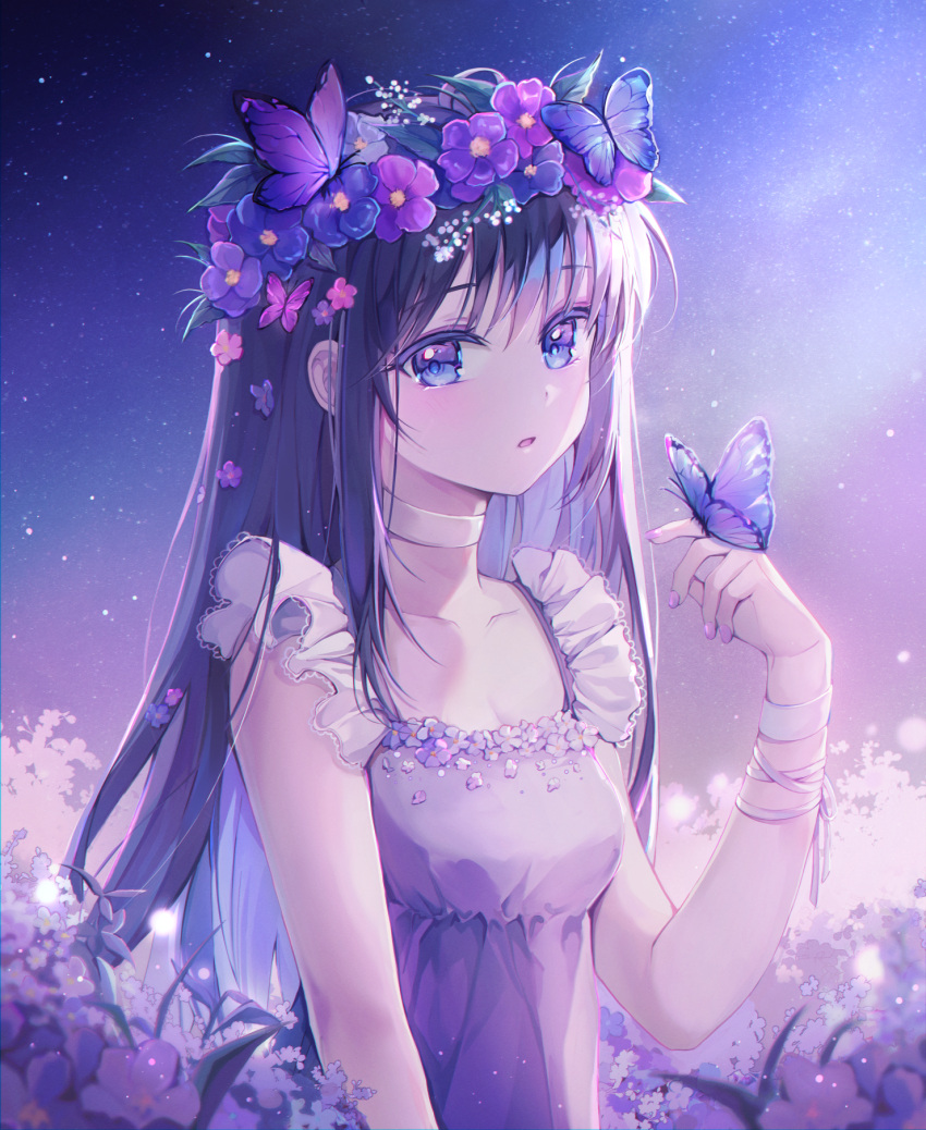 1girl bangs blue_flower blush bug butterfly choker collarbone dress flower frilled_dress frills hair_flower hair_ornament highres long_hair looking_at_viewer nail_polish original parted_lips purple_butterfly purple_dress purple_flower purple_hair purple_nails purple_theme solo ssum_(ehf_dustk) violet_eyes white_choker