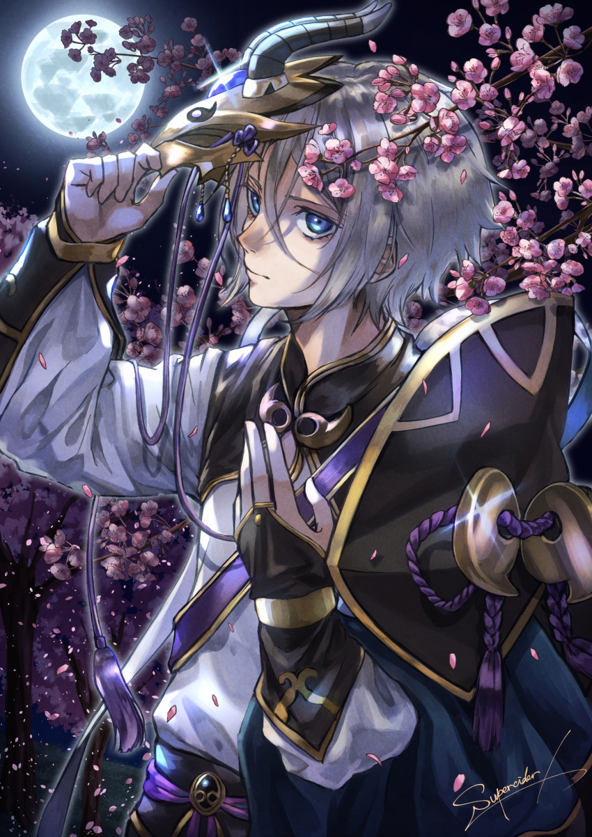 1boy :| absurdres bangs bishounen blue_eyes blue_gemstone cherry_blossoms chinese_clothes closed_mouth commentary_request expressionless falling_petals fate/grand_order fate_(series) flower full_moon gem gloves gold_trim grey_hair hair_between_eyes hand_on_own_chest highres holding holding_mask horned_mask long_sleeves looking_away magatama male_focus mask mask_removed moon night night_sky petals pink_flower prince_of_lan_ling_(fate) shirt short_hair signature sky solo superciderx upper_body