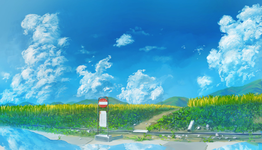 again8120 blue_sky clouds commentary_request day highres mountainous_horizon no_humans original outdoors puddle reflection rice_paddy road_sign scenery sign sky stop_sign