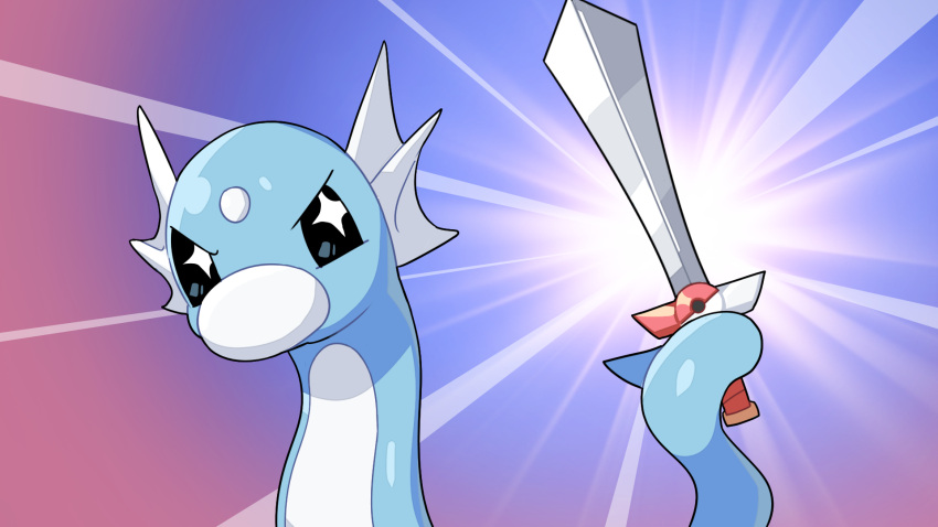 +_+ animal_focus black_eyes blue_background commentary dratini drunkoak english_commentary forehead_jewel gradient gradient_background highres holding holding_sword holding_weapon holding_with_tail light_rays looking_to_the_side no_humans poke_ball_symbol pokemon pokemon_(creature) prehensile_tail solo sword tail v-shaped_eyebrows weapon white_gemstone