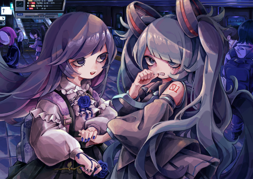 2girls 5others :d absurdres backpack bag bangs black_hair black_skirt blue_eyes blue_flower blue_nails blue_rose chain character_request detached_sleeves dress fang flower frills hair_ornament hand_up hatsune_miku highres holding holding_flower long_hair long_sleeves miniskirt multiple_girls multiple_others nail_polish pink_hair pink_shirt pleated_skirt puffy_sleeves purple_hair rose shiny shiny_hair shirt short_hair skirt smile teeth tira_27 train_station twintails upper_teeth vocaloid