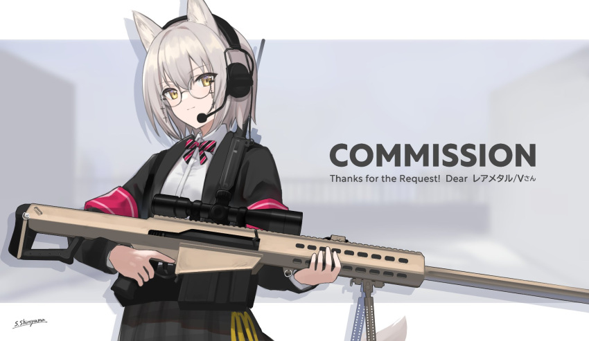 1girl anti-materiel_rifle armband bangs barrett_m82 bipod black_jacket black_skirt brown_eyes closed_mouth collared_shirt commentary_request commission dress_shirt ear_protection glasses grey_hair gun hair_between_eyes headset highres holding holding_gun holding_weapon jacket long_sleeves open_clothes open_jacket original plaid plaid_skirt pleated_skirt rifle round_eyewear shiroyama_soh shirt skirt smile sniper_rifle sniper_scope solo translation_request weapon white_shirt