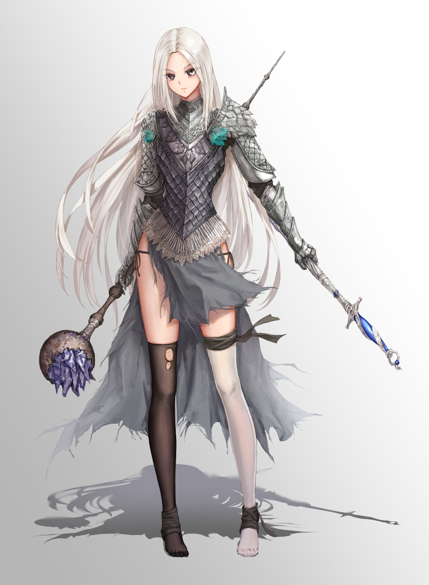 1girl absurdres armor black_thighhighs elden_ring grey_eyes highres holding holding_weapon long_hair looking_at_viewer mage_staff no_shoes non-web_source original standing tarnished_(elden_ring) thigh-highs very_long_hair weapon white_hair white_thighhighs yuzuriha