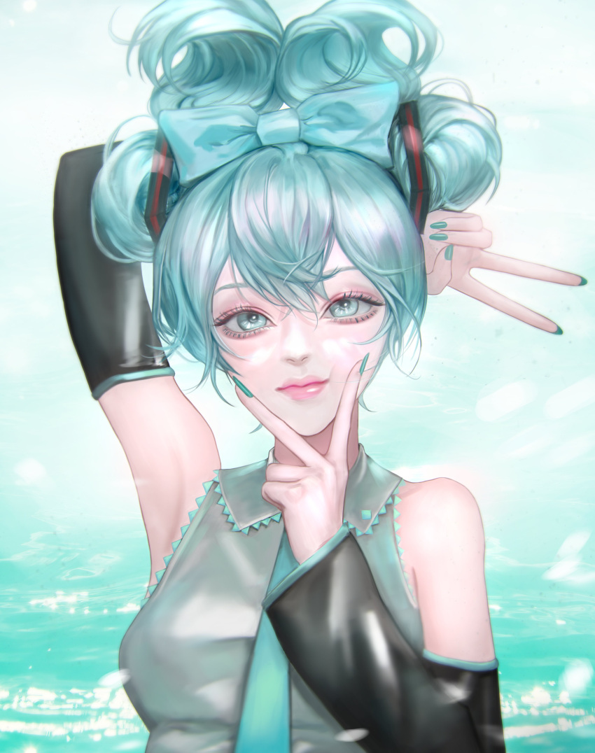 1girl 1nonly2021 absurdres aqua_background aqua_eyes blue_hair blue_nails bow breasts detached_sleeves hair_bow hair_up hand_on_own_face hatsune_miku highres korean_commentary lips medium_breasts pink_lips shirt simple_background sleeveless sleeveless_shirt solo twintails upper_body v vocaloid