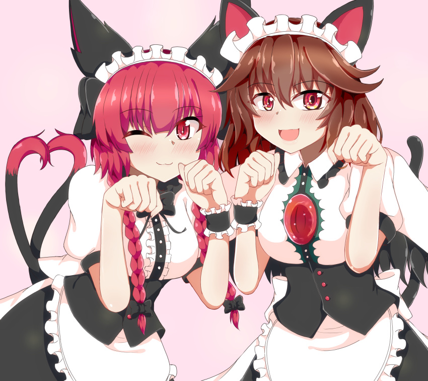 2girls ;) absurdres alternate_costume animal_ears apron blush braid brown_hair cat_ears cat_tail chest_jewel enmaided frilled_apron frills highres kaenbyou_rin maid maid_apron maid_headdress multiple_girls multiple_tails one_eye_closed open_mouth paw_pose pink_background red_eyes redhead reiuji_utsuho seo_haruto smile tail touhou twin_braids waist_apron waitress white_apron