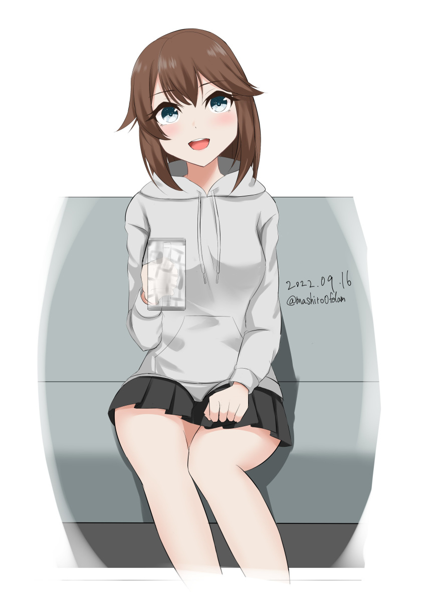 1girl absurdres black_hair black_skirt brown_hair commentary_request couch cup dated drawstring feet_out_of_frame green_eyes grey_eyes hayasui_(kancolle) highres hood hooded_sweater hoodie kantai_collection mashiro_shin'ya mug one-hour_drawing_challenge open_mouth pleated_skirt round_teeth short_hair skirt smile solo sweater teeth twitter_username upper_teeth white_sweater