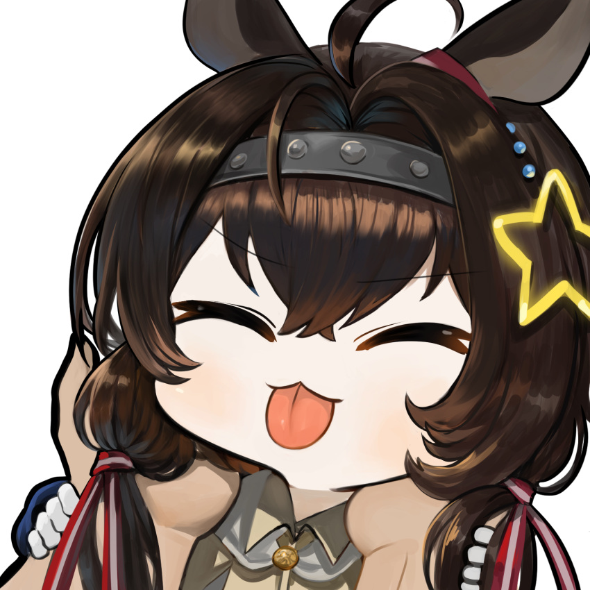 1girl :3 animal_ears black_hairband brown_hair close-up closed_eyes commentary dokomon grace_(kor)_(racehorse) hairband highres horse_ears horse_girl korean_commentary long_hair real_life simple_background solo tongue tongue_out umamusume upper_body white_background
