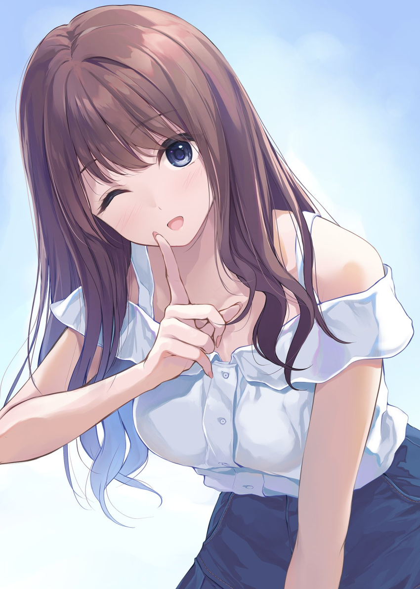 1girl ;d bangs blue_eyes blue_skirt brown_hair dress_shirt finger_to_mouth hair_between_eyes highres index_finger_raised leaning_forward long_hair looking_at_viewer off-shoulder_shirt off_shoulder one_eye_closed open_mouth original pasdar shiny shiny_hair shirt shushing skirt smile solo straight_hair white_shirt