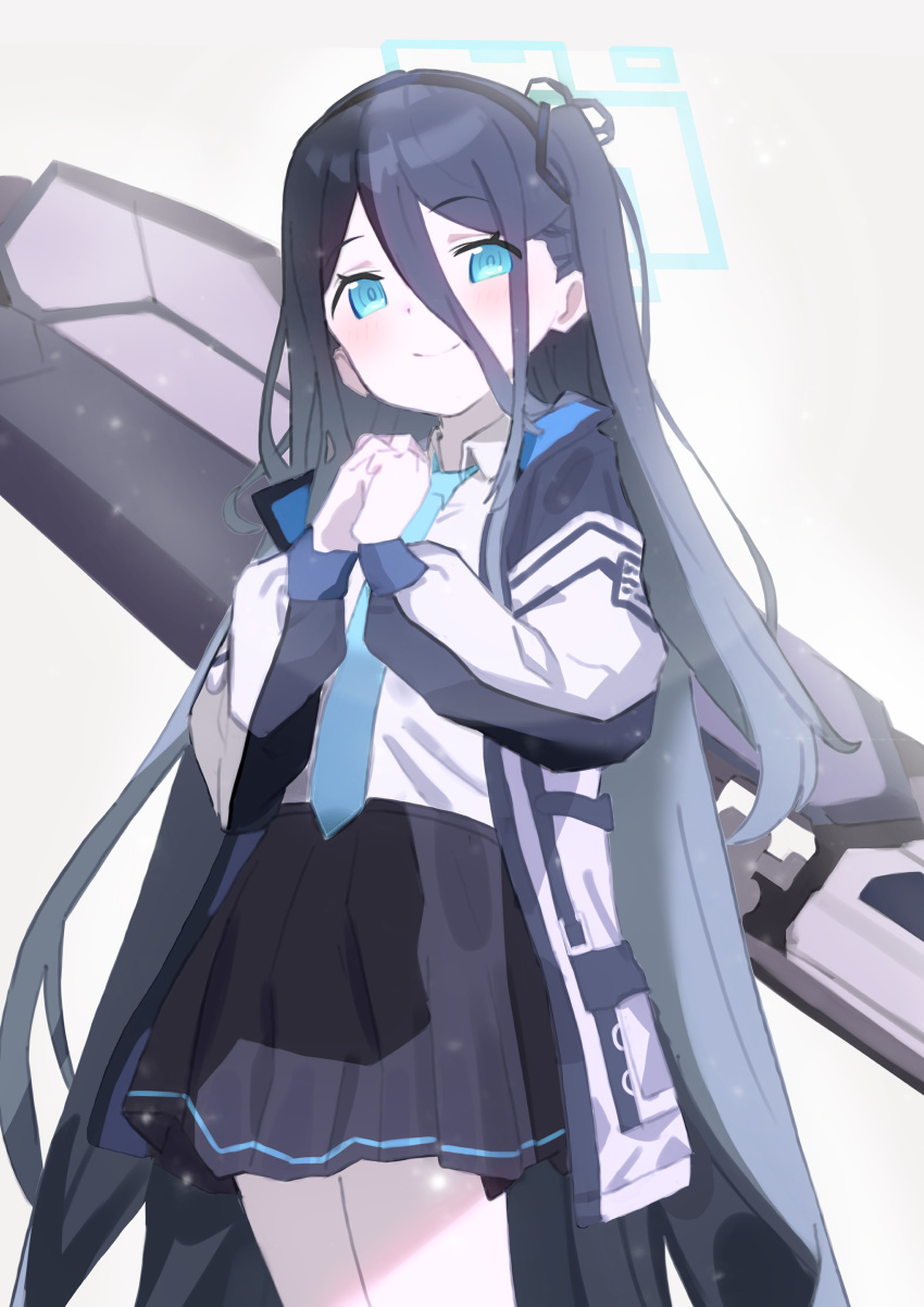 1girl absurdres aqua_eyes aqua_necktie arisu_(blue_archive) bangs black_hair black_hairband black_skirt blue_archive blush chikoku coat grey_background hair_between_eyes hairband halo highres long_hair long_sleeves looking_at_viewer necktie one_side_up own_hands_together pleated_skirt railgun shirt simple_background skirt smile solo very_long_hair weapon weapon_on_back white_shirt