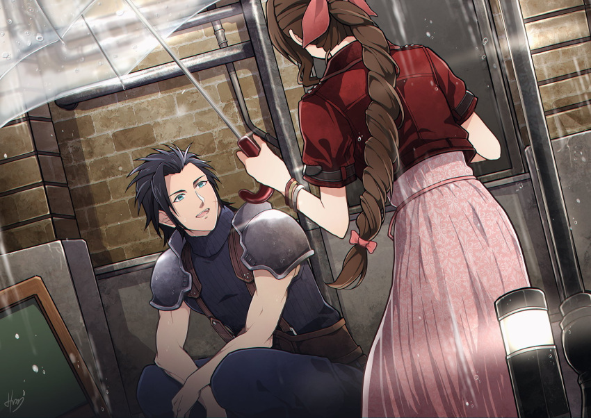 1boy 1girl aerith_gainsborough armor black_hair blue_eyes bracelet braid braided_ponytail brown_hair commentary_request couple crisis_core_final_fantasy_vii dress final_fantasy final_fantasy_vii final_fantasy_vii_remake hair_ribbon hato_(hato1616) highres holding holding_umbrella jacket jewelry long_hair looking_at_another low-tied_long_hair open_mouth outdoors pink_dress pink_ribbon rain red_jacket ribbon scar scar_on_cheek scar_on_face shoulder_armor spiky_hair squatting sweater turtleneck turtleneck_sweater umbrella zack_fair