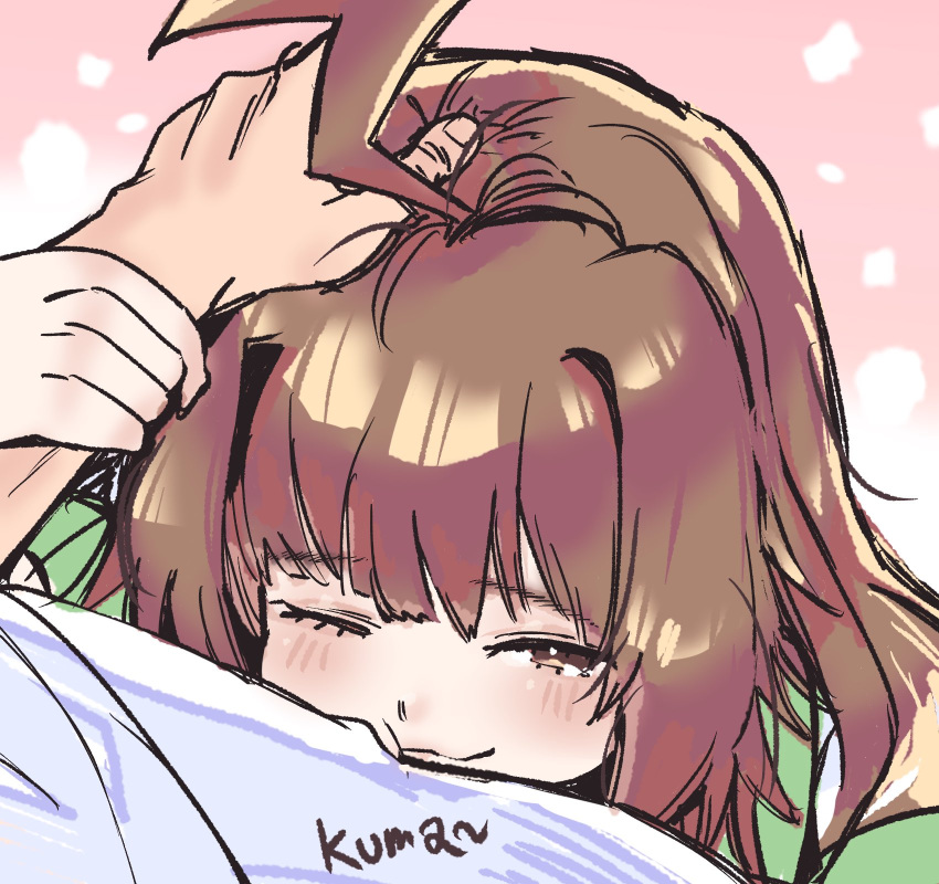 1boy 1girl :3 ahoge bangs bitchcraft123 blush brown_eyes brown_hair english_commentary headpat highres huge_ahoge kantai_collection kuma_(kancolle) long_hair looking_at_viewer nuzzle one_eye_closed portrait pov shirt simple_background sketch solo_focus white_shirt