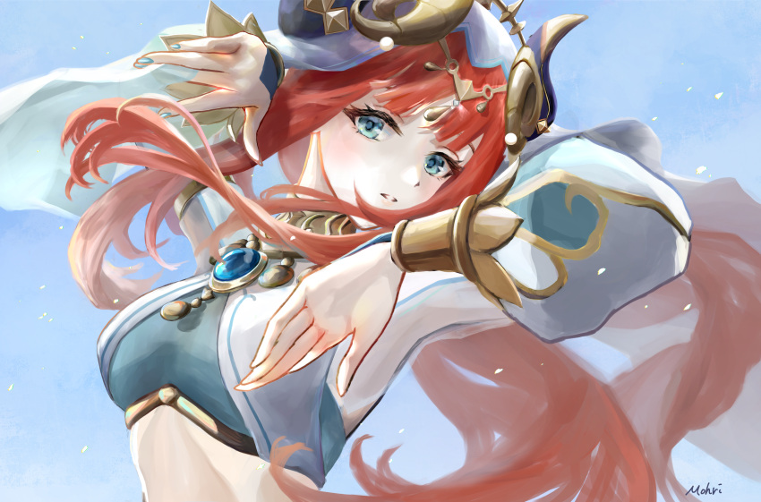 1girl aqua_eyes arms_up artist_name bangs blue_sky breasts brooch crop_top dancer detached_sleeves floating_hair forehead_jewel genshin_impact gold_trim highres horns jewelry long_hair long_sleeves looking_at_viewer low_twintails medium_breasts mohri nail_polish neck_ring nilou_(genshin_impact) parted_bangs puffy_long_sleeves puffy_sleeves redhead sky solo twintails upper_body vambraces veil