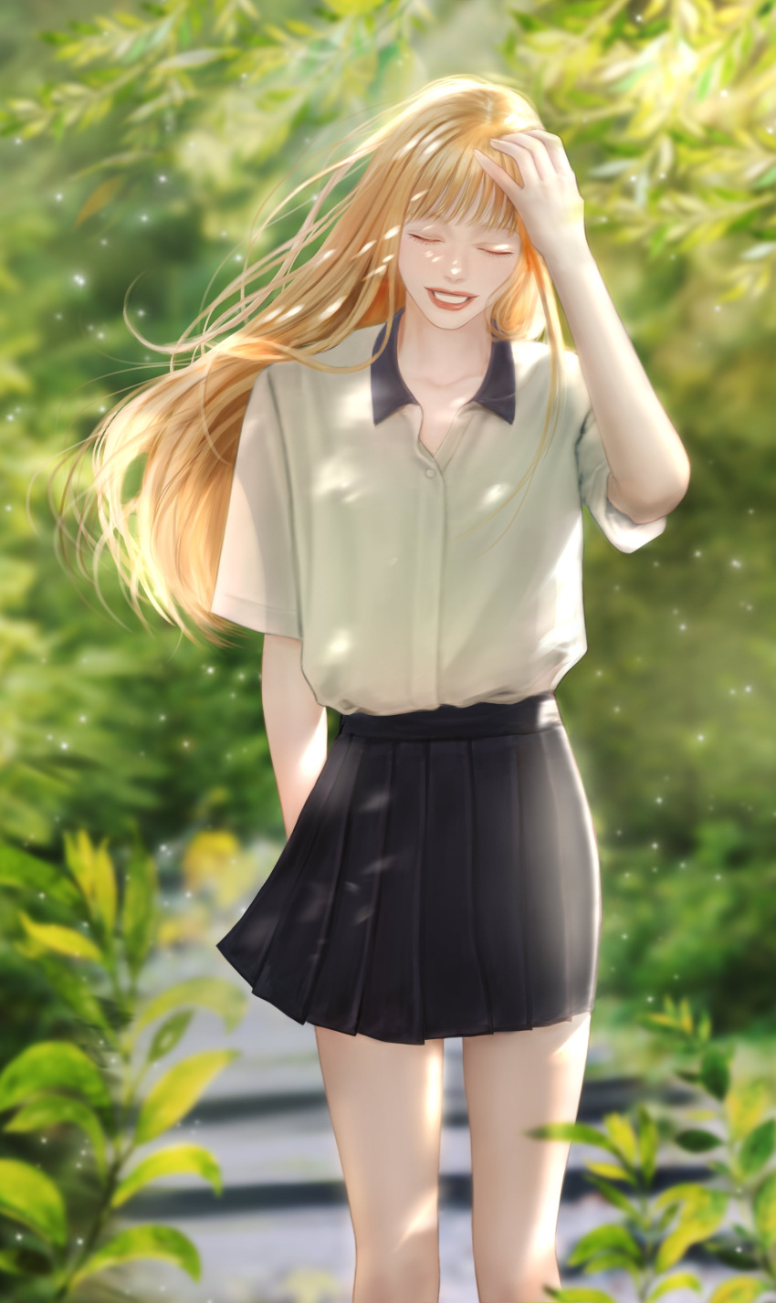 1girl 1nonly2021 absurdres black_skirt blonde_hair blurry blurry_background closed_eyes colored_eyelashes grin hand_on_own_head happy highres leaf light_particles long_hair original plant school_uniform shirt_tucked_in skirt smile solo unbuttoned unbuttoned_shirt