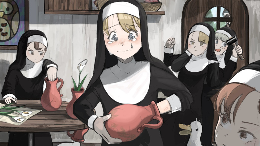 1boy 5girls arm_grab basket beard bird blonde_hair blue_eyes blush brown_eyes brown_hair catholic chicken clumsy_nun_(diva) crying diva_(hyxpk) door duck facial_hair father_(diva) flower freckles froggy_nun_(diva) habit hammer highres holding holding_hammer hungry_nun_(diva) in_container lily_(flower) little_nuns_(diva) making-of_available multiple_girls nun open_mouth owl painting_(object) picture_frame priest red_eyes redhead sheep_nun_(diva) spicy_nun_(diva) stuck sunglasses sweatdrop table tears vase veil when_you_see_it worried yellow_eyes
