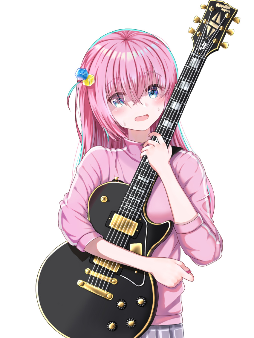 1girl blue_eyes blush bocchi_the_rock! commentary_request electric_guitar gibson_les_paul gotou_hitori guitar hair_ornament highres holding holding_instrument instrument jacket jersey long_hair mitsumoti_8 pink_hair shaded_face skirt solo sweatdrop track_jacket track_suit