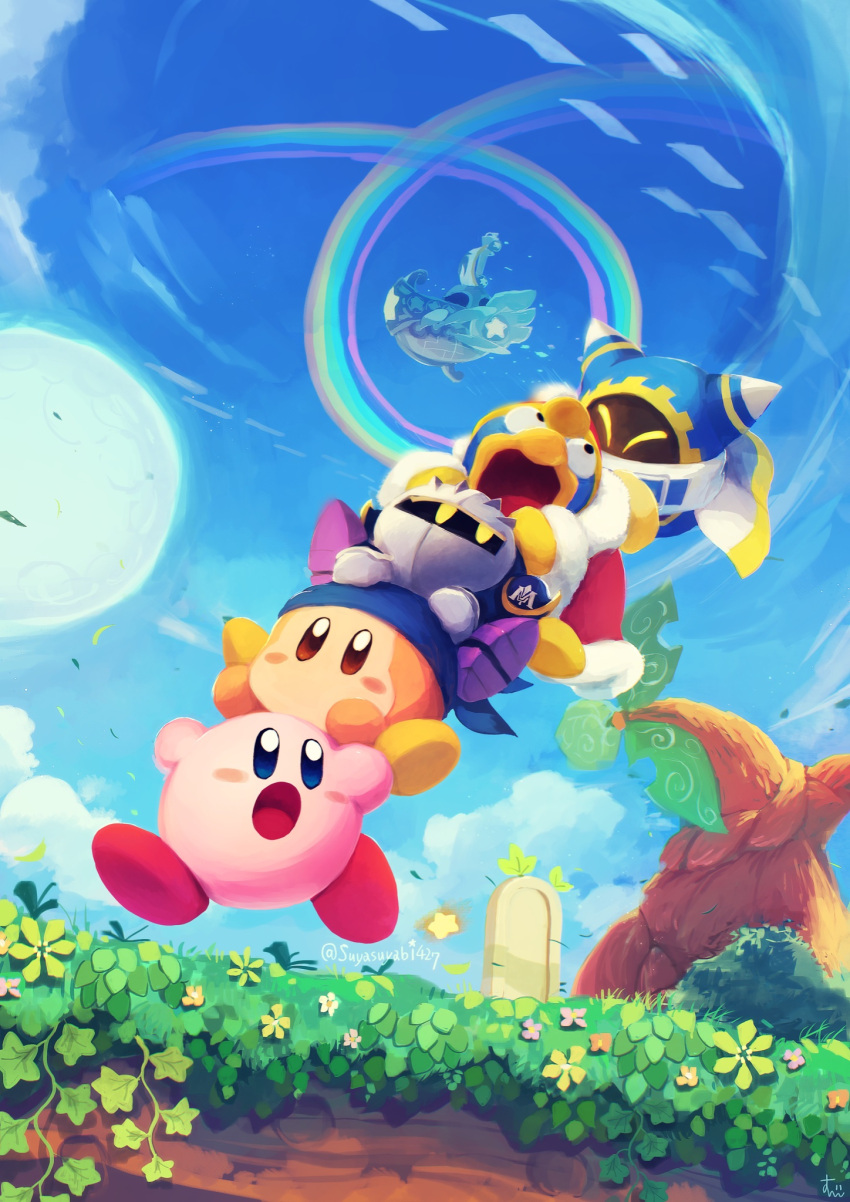 armor bandana bandana_waddle_dee blush_stickers cloak creature grass highres king_dedede kirby kirby's_return_to_dream_land kirby_(series) looking_at_another lor_starcutter magolor mask meta_knight moon no_humans open_mouth pauldrons rainbow shoulder_armor sky suyasuyabi tree