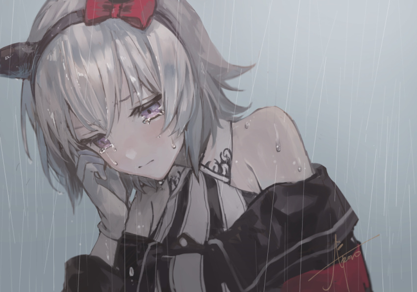 1girl animal_ears bare_shoulders bow closed_mouth crying crying_with_eyes_open curren_chan_(umamusume) dress ear_covers gensou_aporo gloves grey_hair hairband horse_ears horse_girl off-shoulder_dress off_shoulder outdoors rain red_bow sad short_hair single_ear_cover solo tears umamusume violet_eyes wet white_gloves