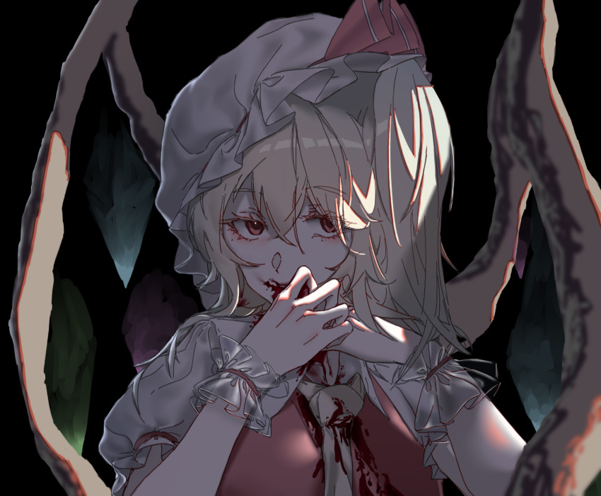 blonde_hair blood blood_on_clothes blood_on_face dress eyelashes flandre_scarlet frilled_sleeves frills hair_between_eyes hair_strand hat highres looking_at_viewer mmmarisa mob_cap pale_skin puffy_short_sleeves puffy_sleeves red_dress red_eyes short_sleeves side_ponytail sidelocks touhou white_headwear wings wristband