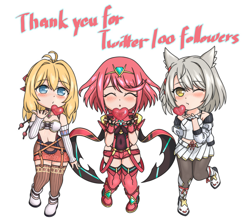 3girls bangs black_gloves blowing_kiss breasts chest_jewel chibi earrings feichu_keju fingerless_gloves fiora_(xenoblade) gloves highres jewelry large_breasts mio_(xenoblade) multiple_girls pyra_(xenoblade) red_eyes red_shorts redhead short_hair short_shorts shorts swept_bangs thigh-highs tiara xenoblade_chronicles_(series) xenoblade_chronicles_1 xenoblade_chronicles_2 xenoblade_chronicles_3