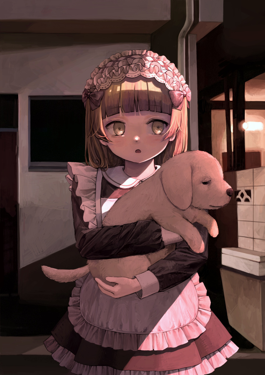 1girl absurdres animal apron bangs black_dress blonde_hair blunt_bangs bob_cut building child collared_dress commentary cowboy_shot dog dress female_child frilled_apron frilled_dress frilled_hairband frills hairband highres holding holding_animal holding_dog lolita_hairband long_sleeves looking_at_viewer maid_apron medium_hair namuta night original outdoors parted_lips short_dress sidelocks solo standing symbol-only_commentary white_apron white_hairband yellow_eyes