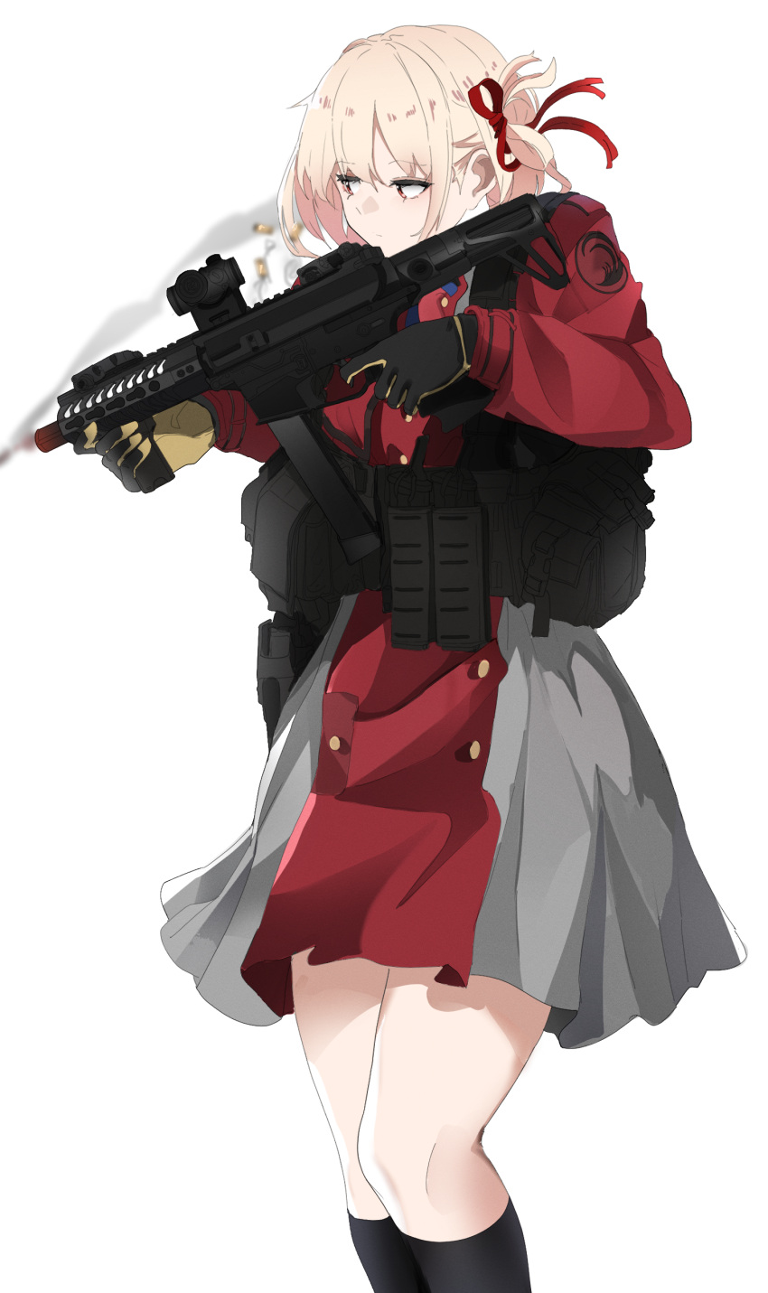 1girl absurdres ar-15 black_socks blonde_hair bob_cut casing_ejection dress gun hair_ribbon harness highres holding holding_weapon kneehighs load_bearing_vest lycoris_recoil lycoris_uniform magazine_(weapon) nishikigi_chisato pleated_skirt pouch pz-15 red_dress ribbon rifle ro635 shell_casing skirt socks solo submachine_gun tactical_clothes trigger_discipline two-tone_dress two-tone_gloves vertical_foregrip weapon white_background