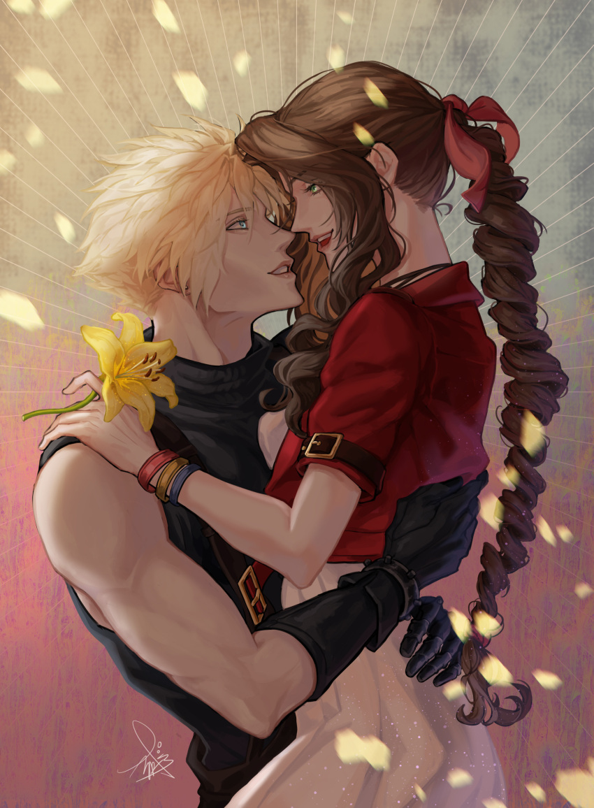 1boy 1girl absurdres aerith_gainsborough aqua_eyes arms_around_waist bangle bangs bare_shoulders black_gloves blonde_hair blue_shirt bracelet braid braided_ponytail breasts brown_hair cloud_strife commission couple cowboy_shot cropped_jacket dress falling_petals final_fantasy final_fantasy_vii final_fantasy_vii_remake flower gloves green_eyes hair_between_eyes hair_ribbon hand_on_another's_shoulder hetero highres holding holding_flower jacket jewelry long_hair looking_at_another medium_breasts muscular muscular_male open_mouth parted_bangs parted_lips petals pink_dress pink_ribbon q_bell red_jacket ribbon shirt short_hair short_sleeves sidelocks signature sleeveless sleeveless_turtleneck smile spiky_hair teeth turtleneck upper_body upper_teeth wavy_hair yellow_flower