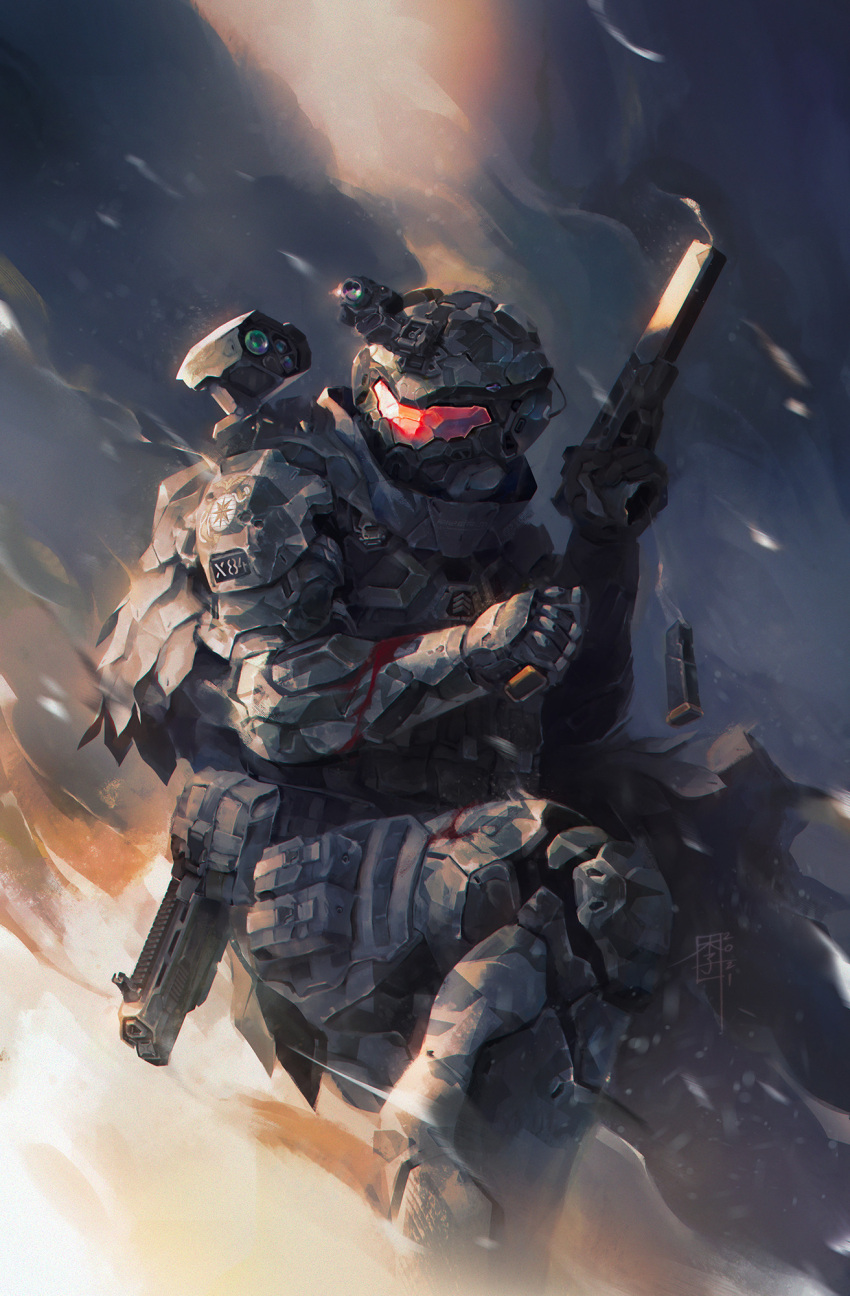 1boy army blood blurry blurry_background english_commentary fire gun halo_(series) helmet highres holding holding_weapon male_focus marcwashere master_chief night night_sky outdoors science_fiction sky weapon