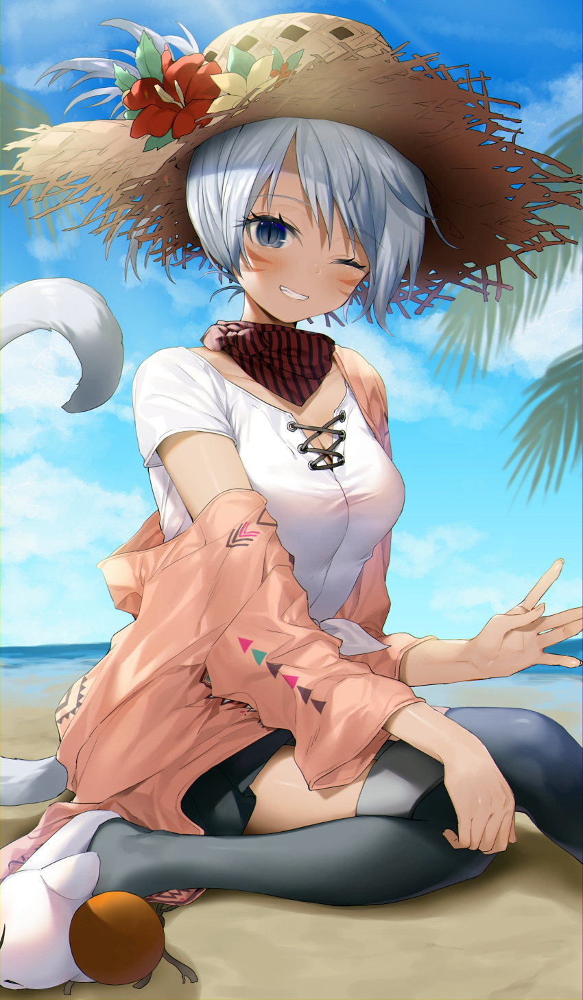 1girl absurdres bangs black_thighhighs blue_eyes blue_hair breasts cat_girl cat_tail facial_hair final_fantasy final_fantasy_xiv hat highres jacket long_sleeves medium_breasts miqo'te one_eye_closed outdoors parted_lips shirt short_hair short_sleeves sitting slit_pupils smile solo straw_hat tail thigh-highs white_shirt yana_mori