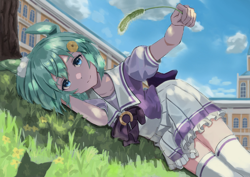 1girl absurdres animal_ears arm_up backpack bag blue_eyes cat cattail closed_mouth ear_covers flower frilled_skirt frills grass green_hair hair_flower hair_ornament highres horse_ears horse_girl looking_at_viewer lying on_grass on_side outdoors plant pleated_skirt pov purple_serafuku school_uniform seiun_sky_(umamusume) serafuku shadow short_hair single_ear_cover skirt smile solo tracen_school_uniform umamusume utd_(ponzu_supai)